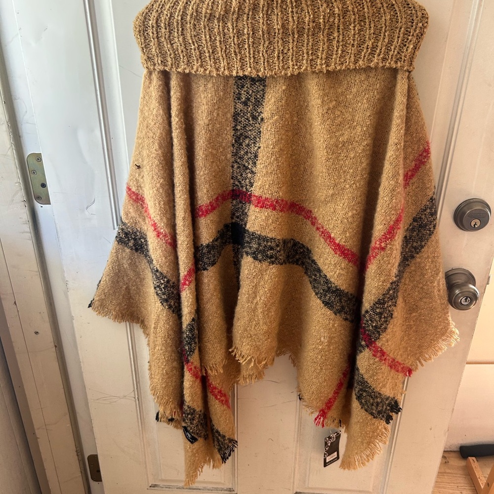 Brown Tan Plaid Sweater Poncho